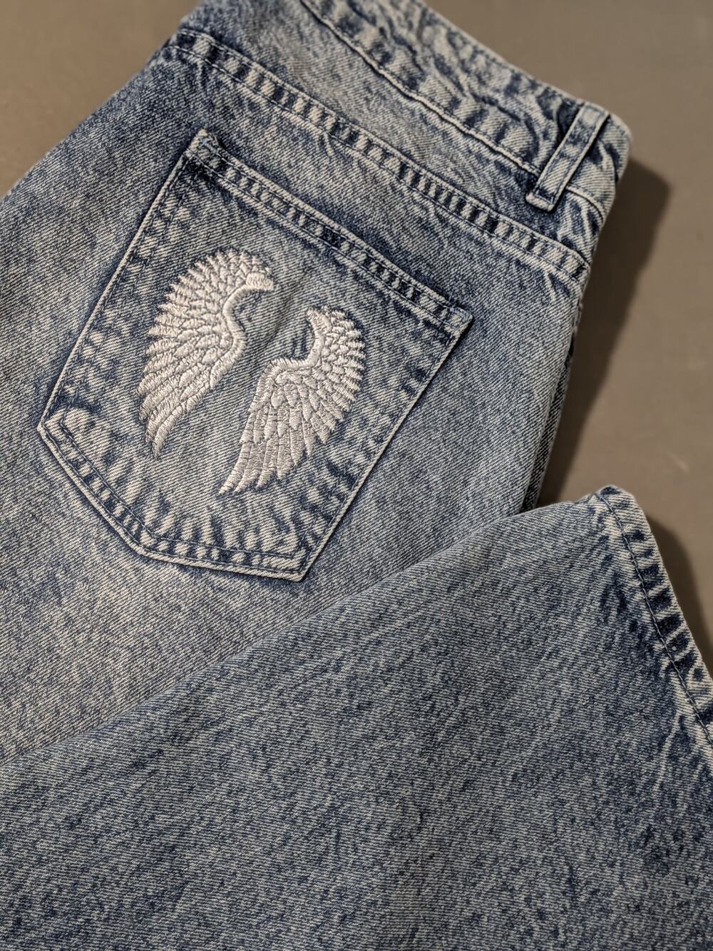 NWT Riley & James Wide Leg Acid Wash Jeans Angel Wing Embroidered Pocket Y2K